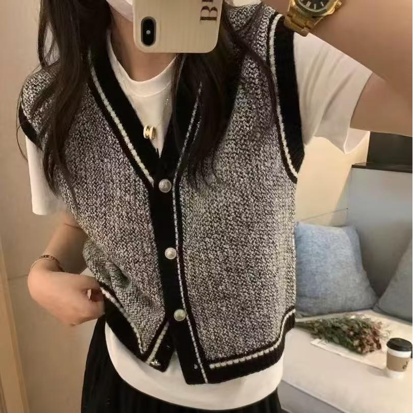 Women Clothing Autumn Classic Bandage Dress V Collar Contrast Color Sleeveless Waistcoat Vest