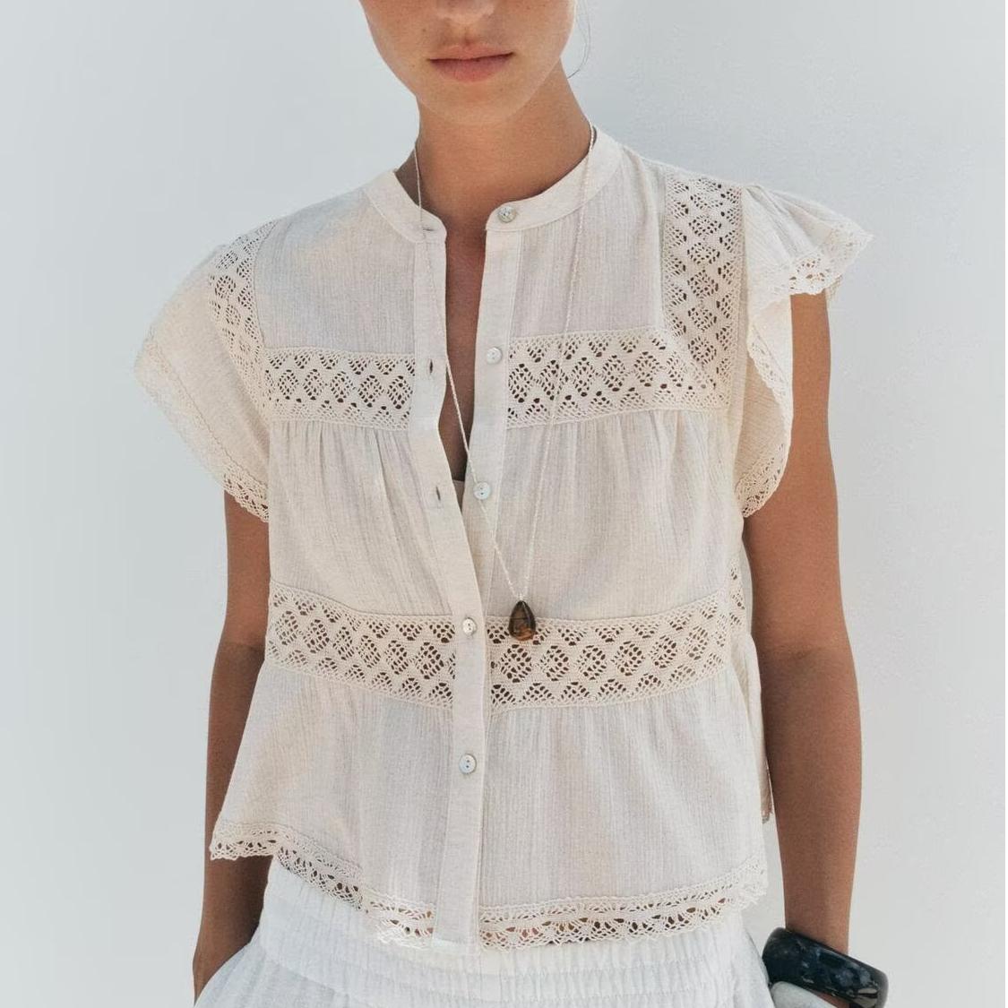 Women Clothing Autumn Holiday Gentle Straight Lace Crocheted round Neck Top