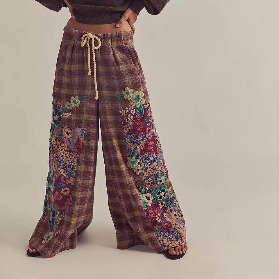 Autumn Women Clothing Embroidered Plaid Elastic Waist Casual Pants Baggy Straight Trousers Women