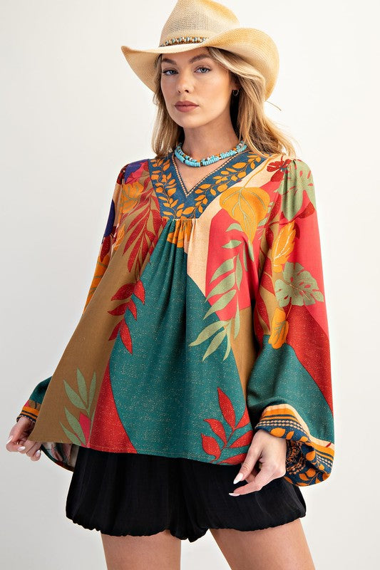 Vêtements d'automne pour femmes - Chemise imprimée à manches longues et col en V - Pull ample