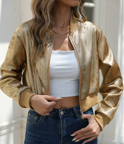 Women Spring Autumn Long Sleeve Zipper Gold Foil Casual Jacket