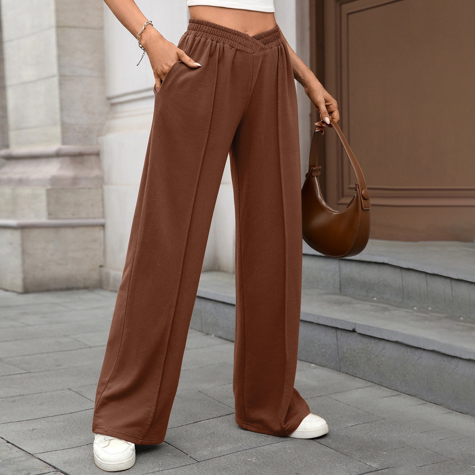 Autumn Winter Solid Color Elastic Waist Loose Straight Casual Trousers for Women