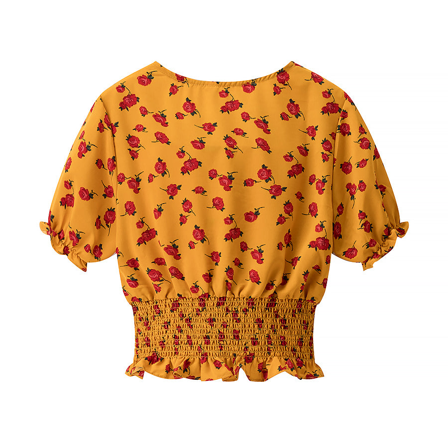 Summer Wind Women Floral V neck Waist Trimming Short Shirt