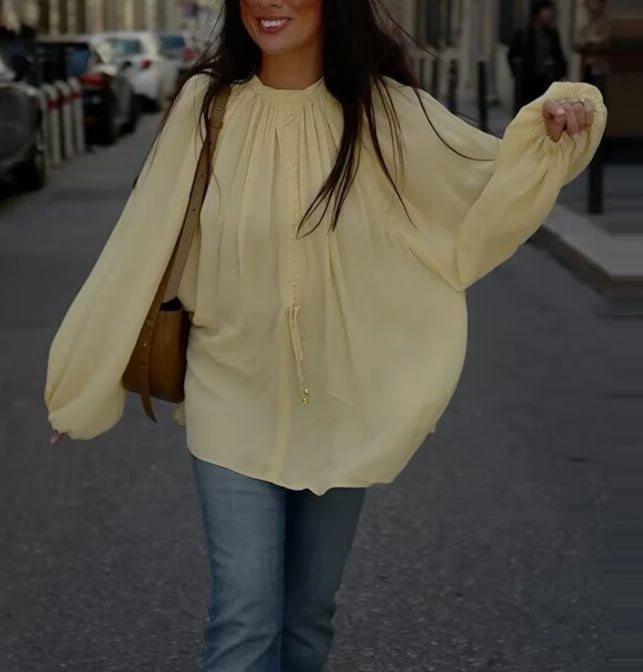 Women Clothing Autumn Elegant Stand up Collar Puff Sleeve Lace Design Shirt Top