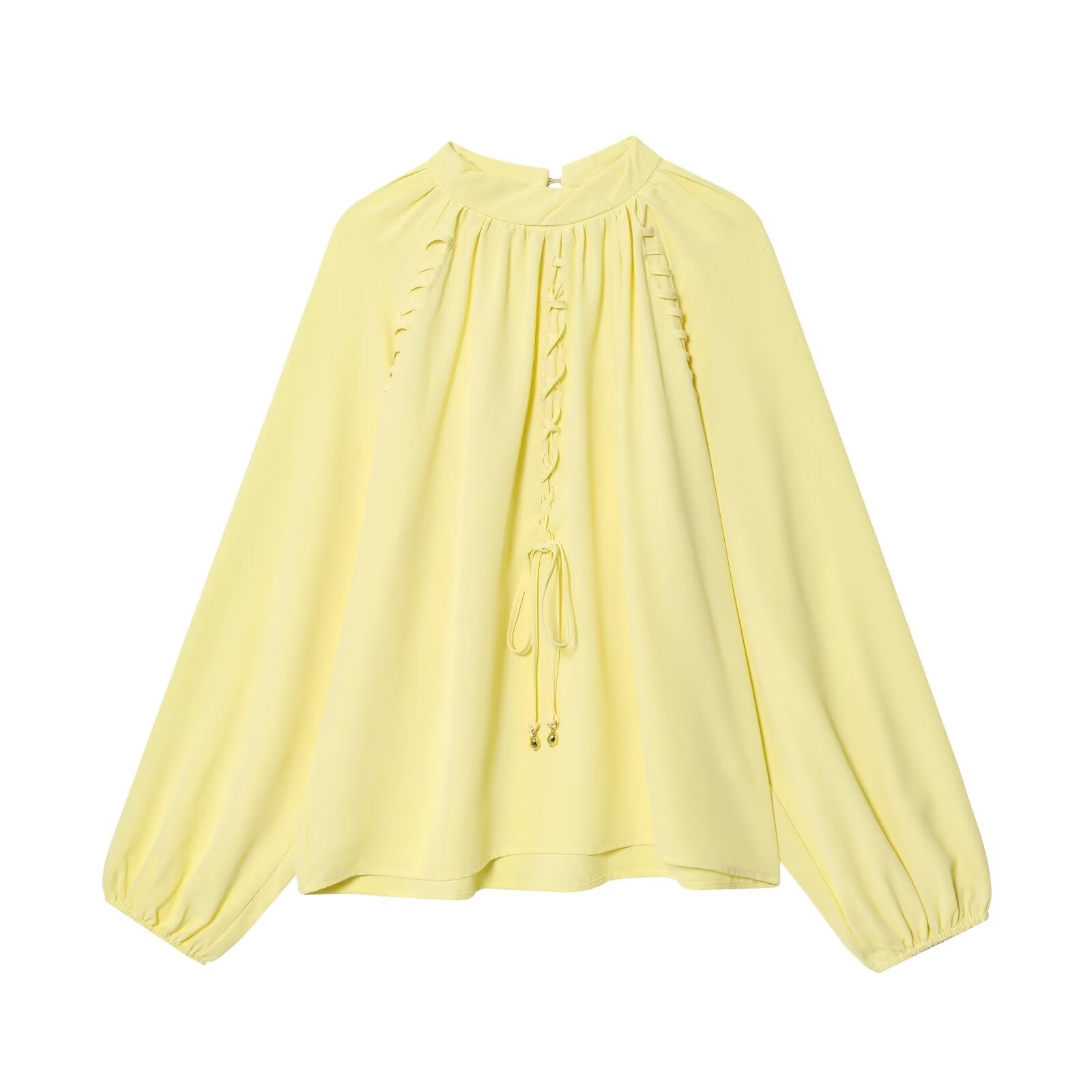 Women Clothing Autumn Elegant Stand up Collar Puff Sleeve Lace Design Shirt Top