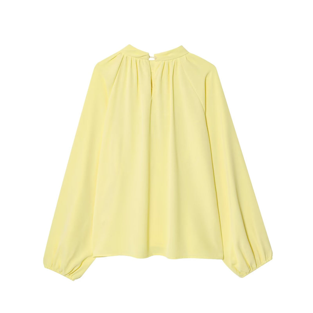 Women Clothing Autumn Elegant Stand up Collar Puff Sleeve Lace Design Shirt Top