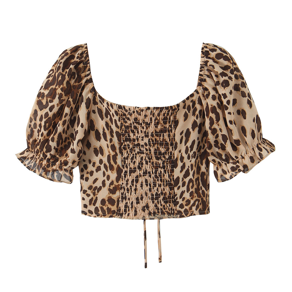 Summer French Sexy Leopard Print Lace up Bow Sexy Two Way Wear Puff Sleeve Shirt