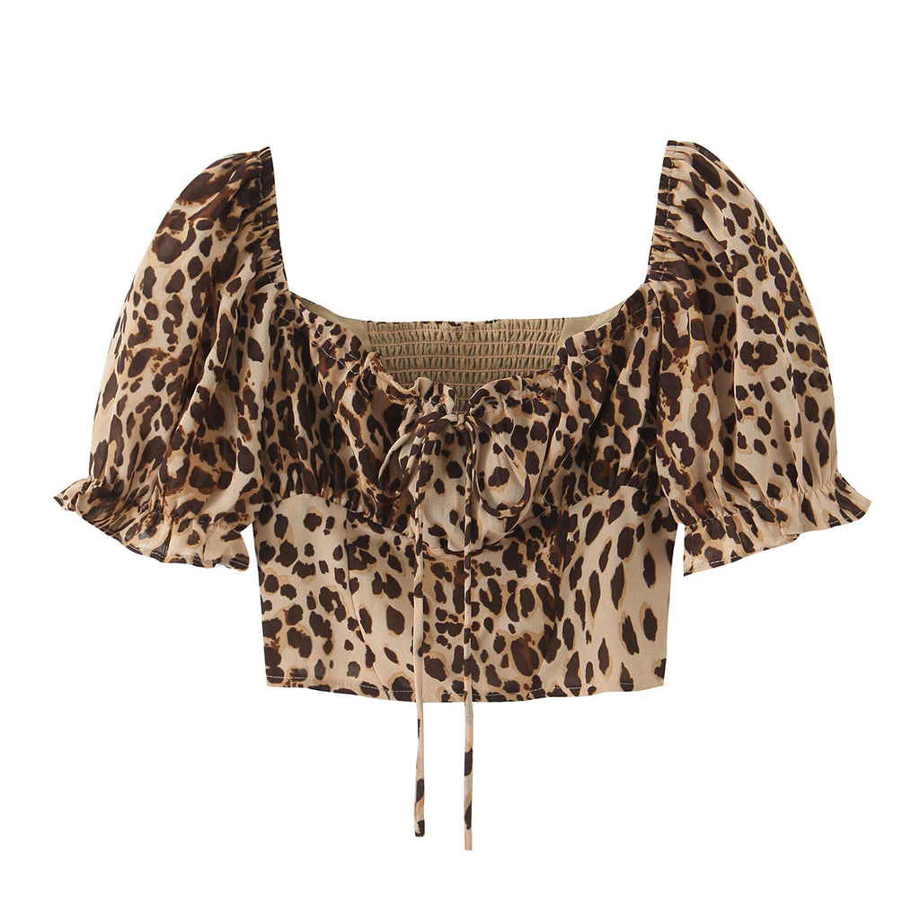 Summer French Sexy Leopard Print Lace up Bow Sexy Two Way Wear Puff Sleeve Shirt