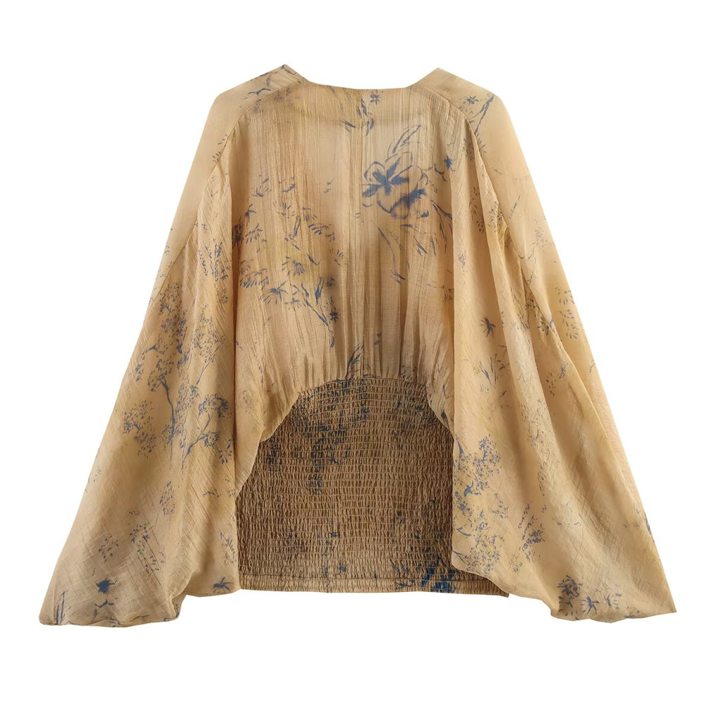 Women Clothing Autumn Retro Personalized Mature Printed Waist Tight Top