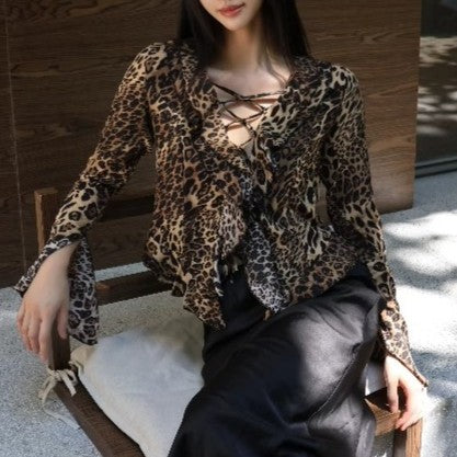 Elegant Women Clothing Leopard Print V neck Waist Tight Sexy Shirt Top