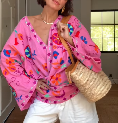 Women Clothing Autumn Loose Embroidered Cardigan Tie Front Top