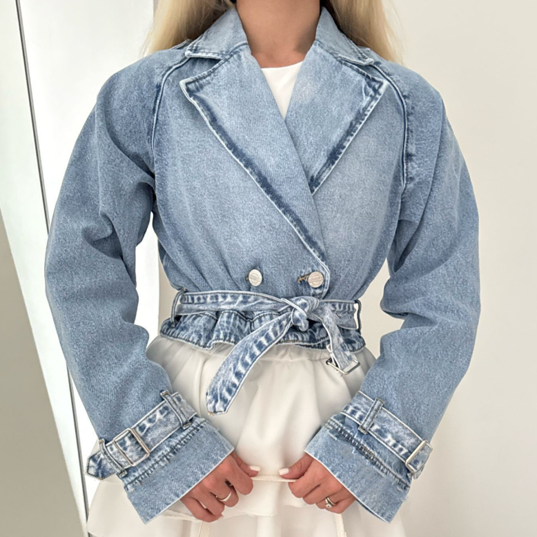 Women Collared Long Sleeve Denim Wind Breaker Coat