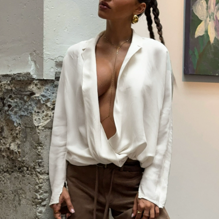 Elegant Women Wear Deep V Plunge Cross Solid Color Drape Basic Long Sleeve Shirt