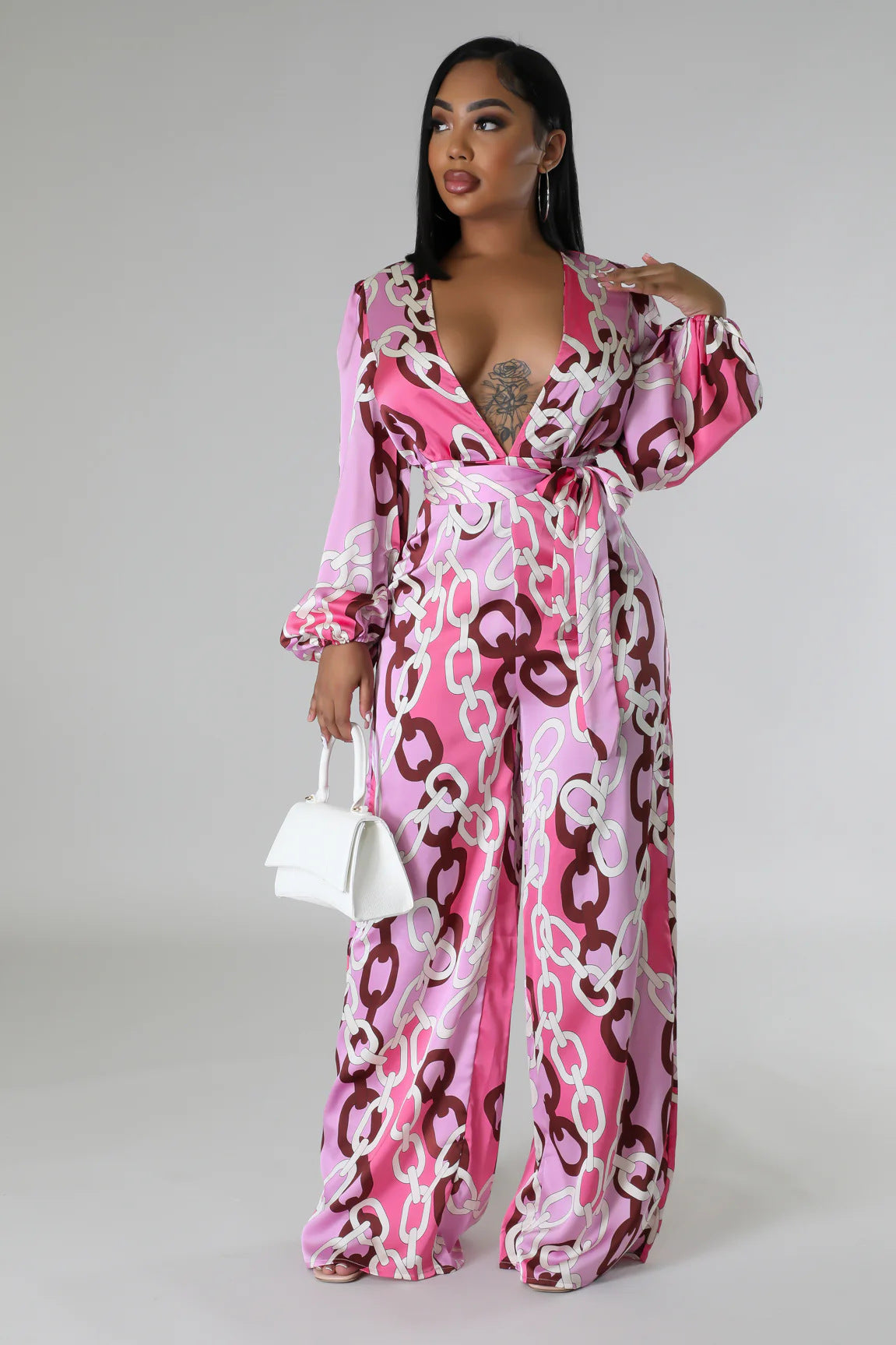 Printed Deep V Plunge Long Sleeve Jumpsuit Women Clothing Casual Set Loose