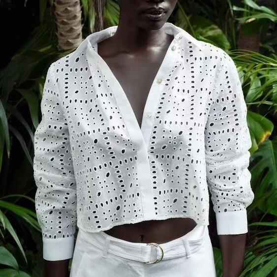 Fall Women Clothing Fashionable Simple Hollow Out Cutout Embroidered Shirt