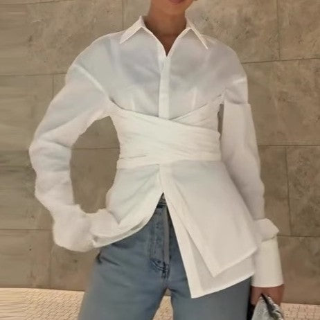 Women Solid Color Tied Pleated Shirt Faux Two Pieces Shirts