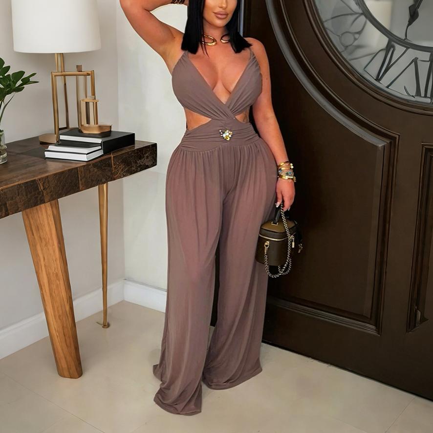 Sexy V neck Lace up Backless See through Sexy Jumpsuit Women Clothing Trousers