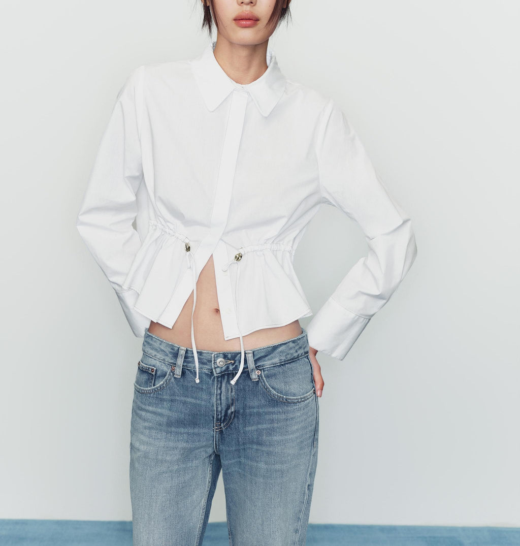 Fall Women Clothing Street Special Interest Drawstring Waist Controlled White Long Sleeve Shirt