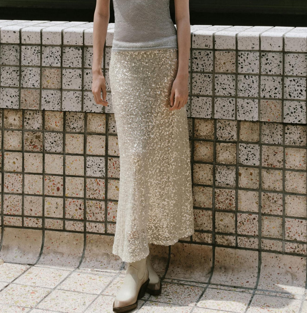 Women Clothing Autumn Socialite Heavy Industry Beads Decoration Midi Skirt