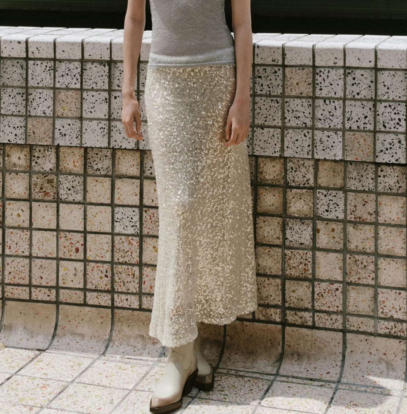 Women Clothing Autumn Socialite Heavy Industry Beads Decoration Midi Skirt