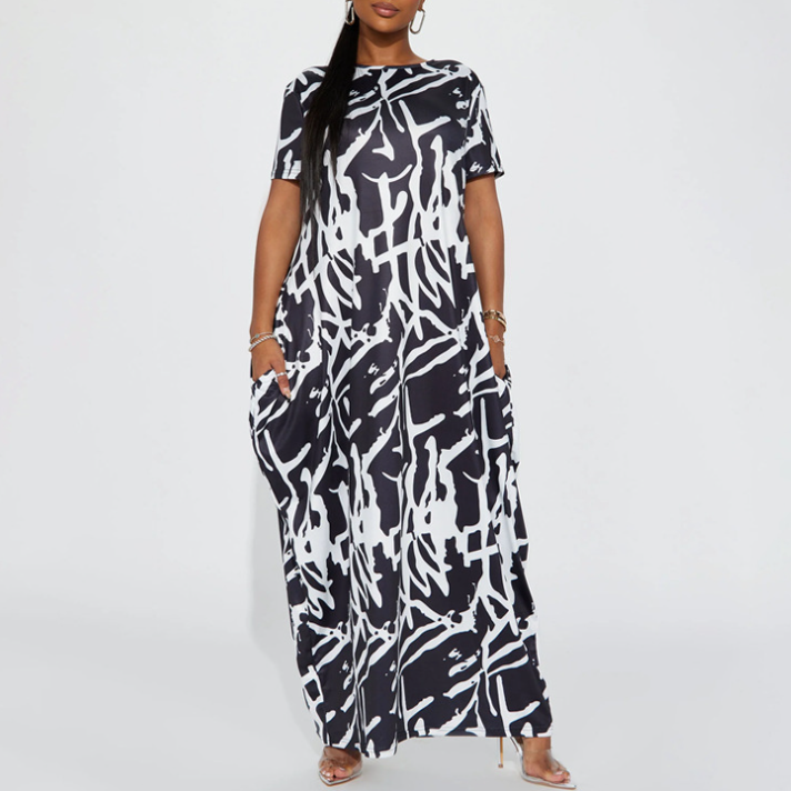 Casual Outing Abstract Printing Black White Short Sleeved Dress Comfortable Home Loose round Neck Jumpsuit