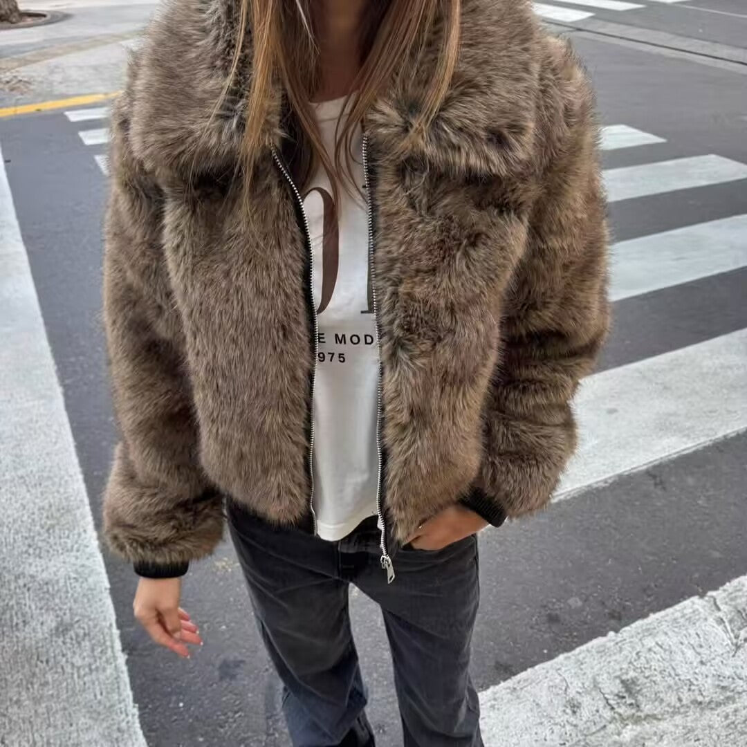 Autumn Winter Personality Street All Match Contrast Color Faux Shearling Jacket Jacket Coat Women