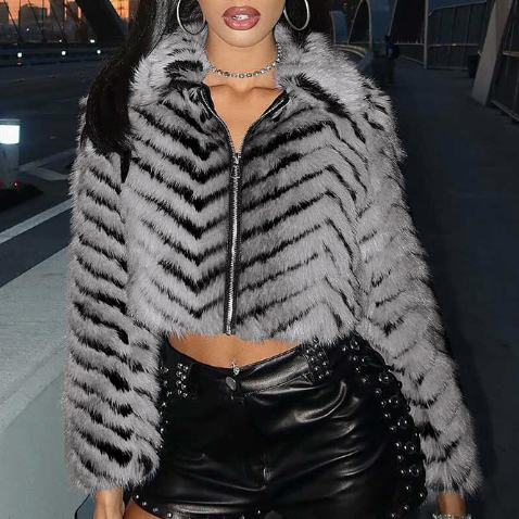 Autumn Winter Women Clothing Striped Collared Zipper Fur Coat Fur Short Coat