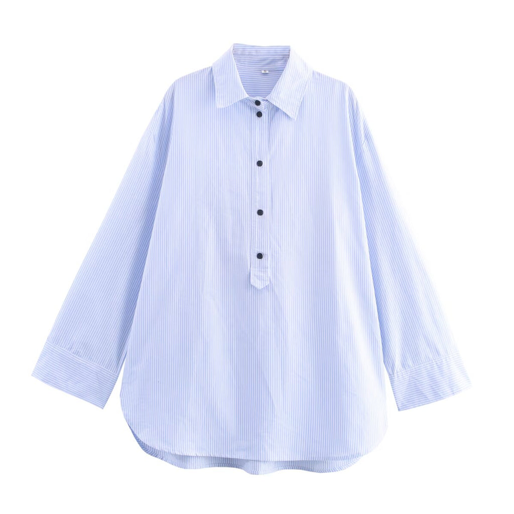 Women Clothing Autumn Simple Casual Striped Poplin Half Open Collar Shirt