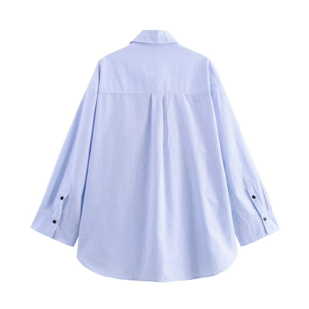 Women Clothing Autumn Simple Casual Striped Poplin Half Open Collar Shirt