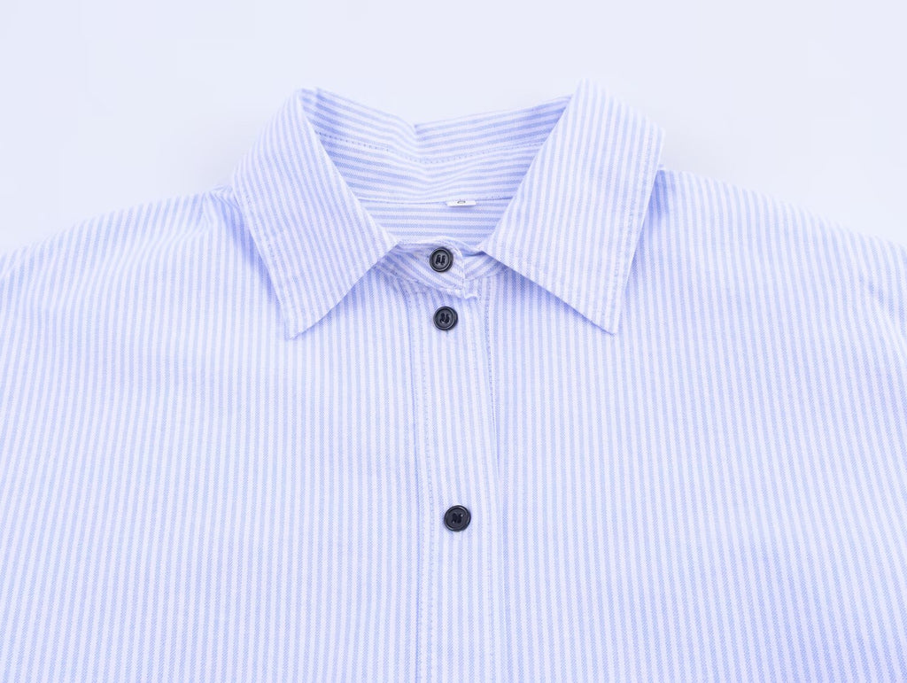 Women Clothing Autumn Simple Casual Striped Poplin Half Open Collar Shirt
