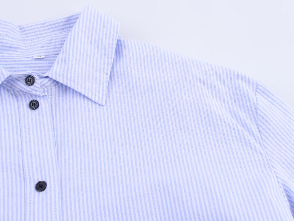 Women Clothing Autumn Simple Casual Striped Poplin Half Open Collar Shirt