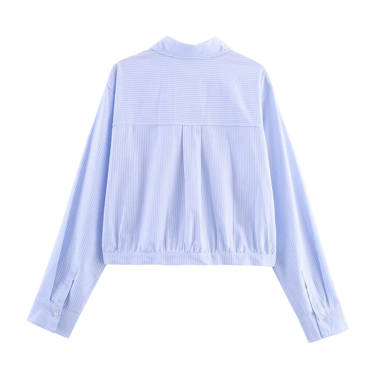 Fall Women Clothing Casual Slimming Fashionable All Match Waist Pleated Striped Short Shirt