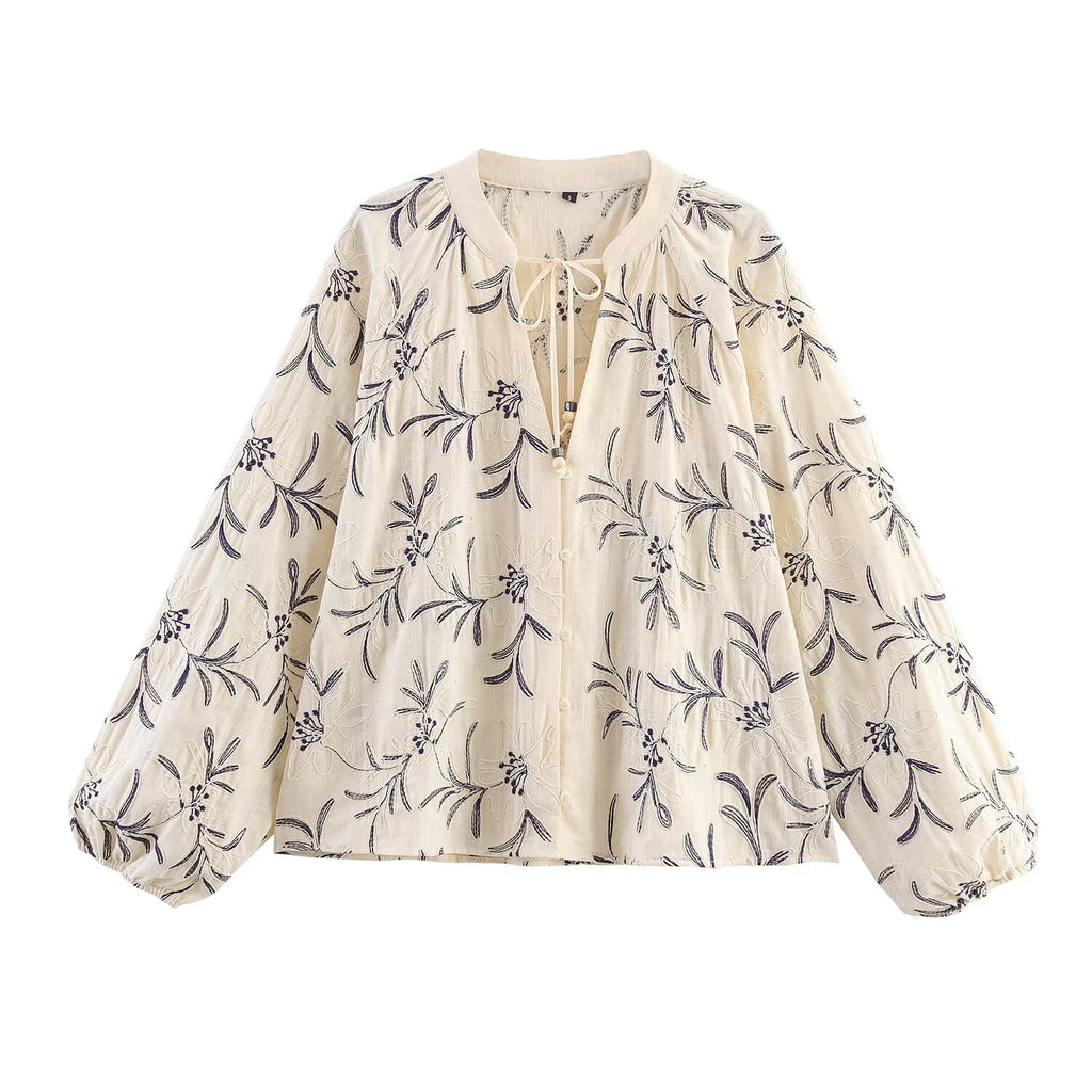 Fall Women Clothing Casual Loose All Match Lace up Embroidered Shirt