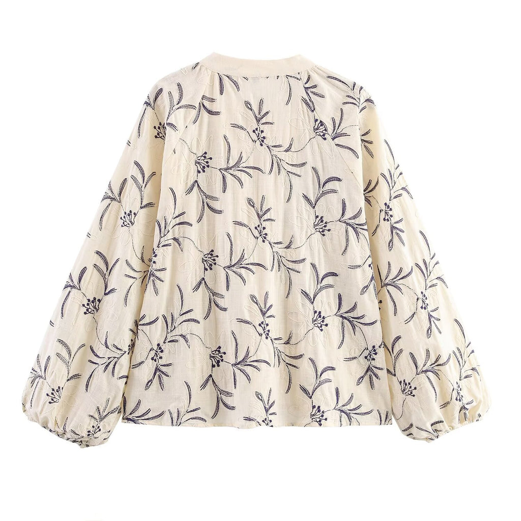 Fall Women Clothing Casual Loose All Match Lace up Embroidered Shirt