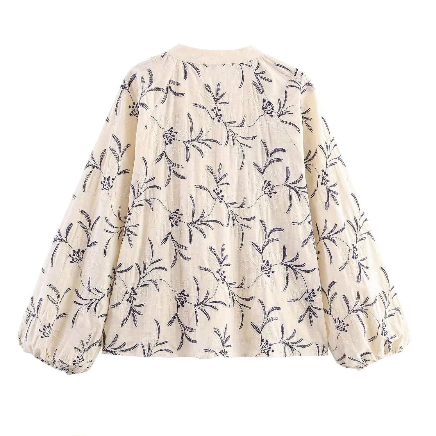 Fall Women Clothing Casual Loose All Match Lace up Embroidered Shirt