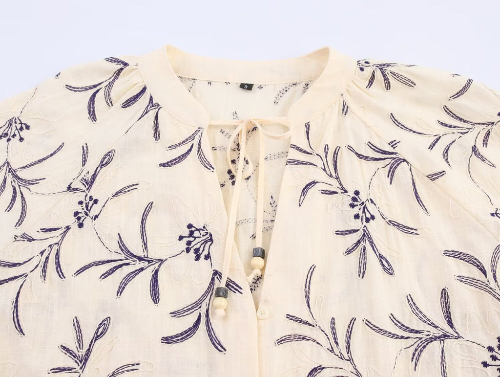 Fall Women Clothing Casual Loose All Match Lace up Embroidered Shirt