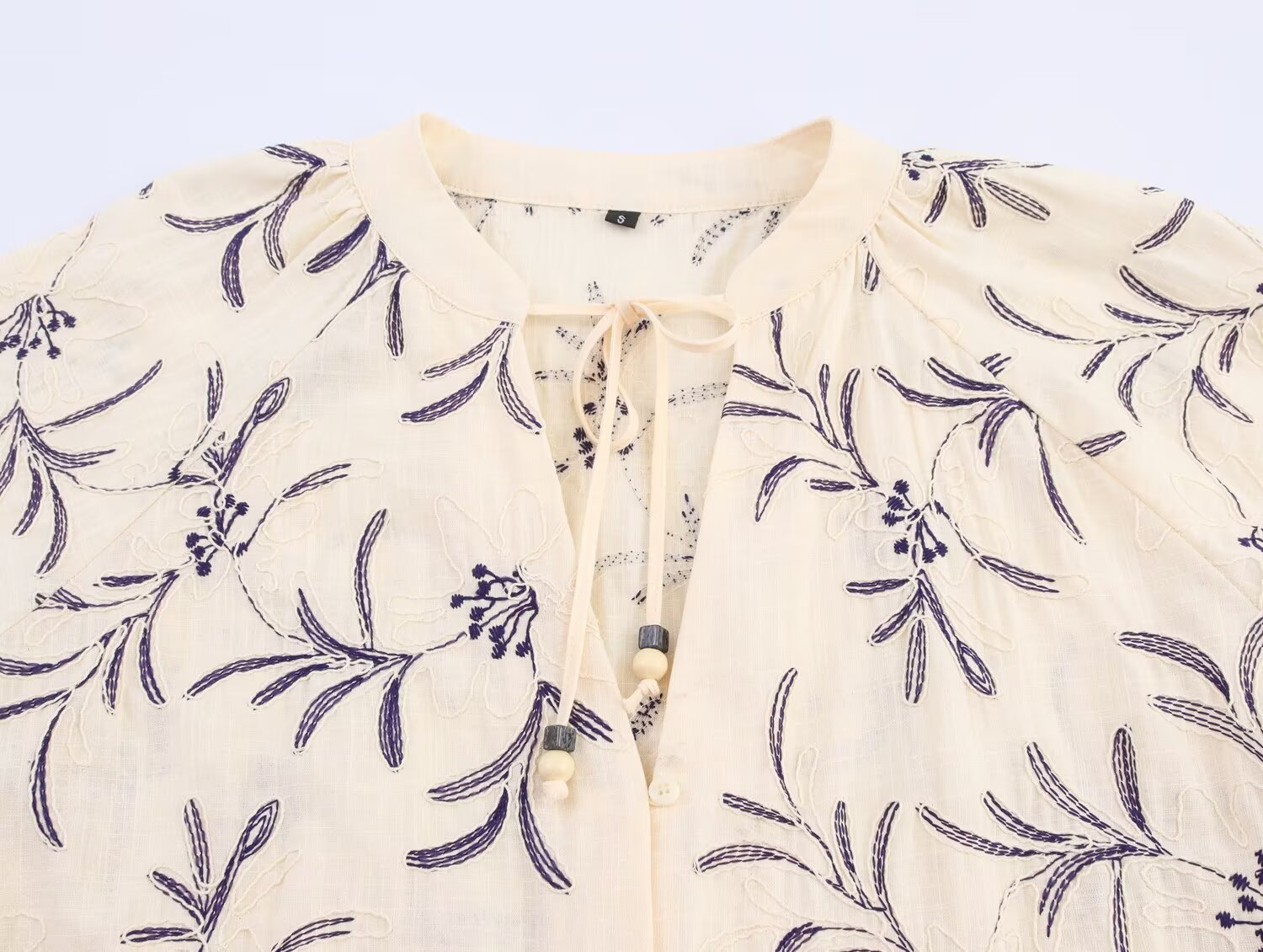 Fall Women Clothing Casual Loose All Match Lace up Embroidered Shirt