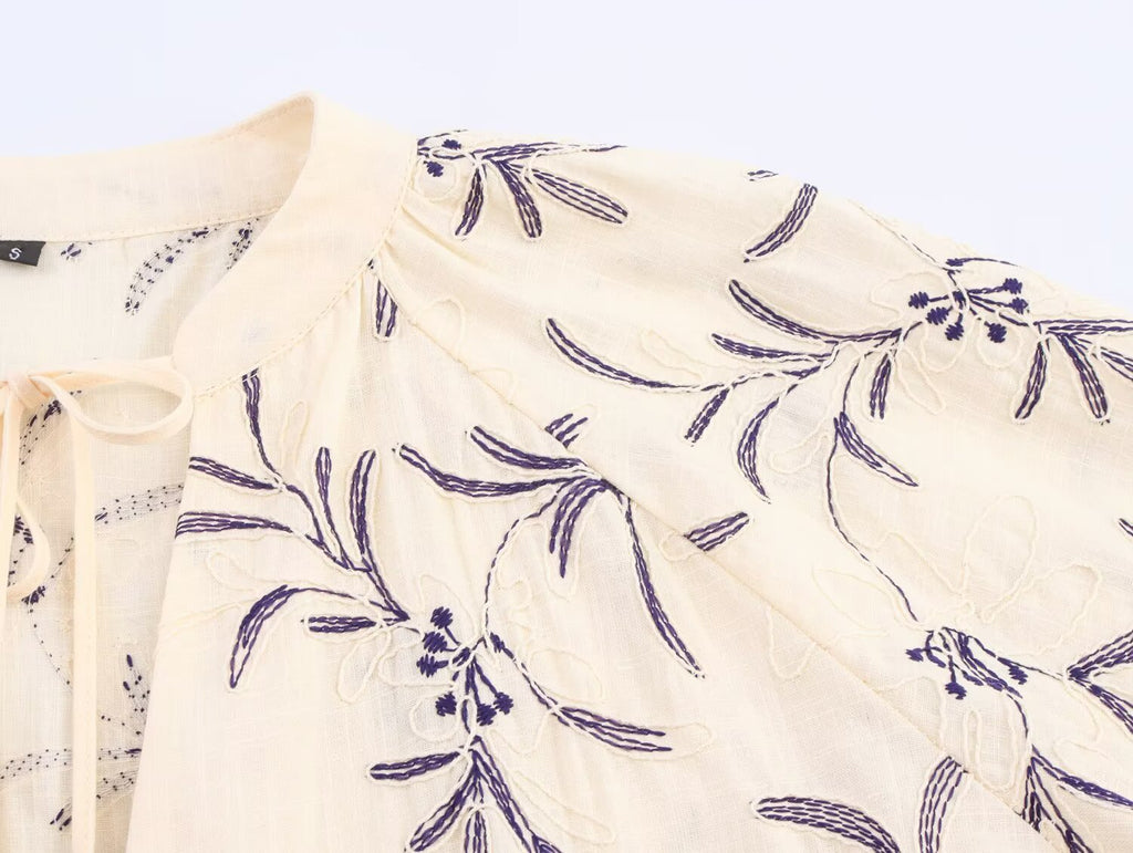 Fall Women Clothing Casual Loose All Match Lace up Embroidered Shirt