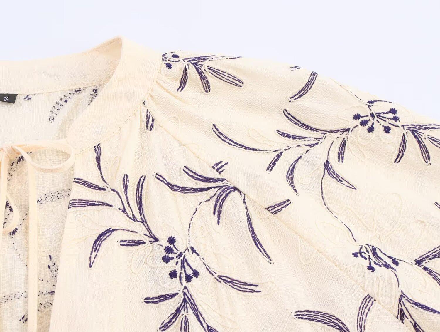 Fall Women Clothing Casual Loose All Match Lace up Embroidered Shirt