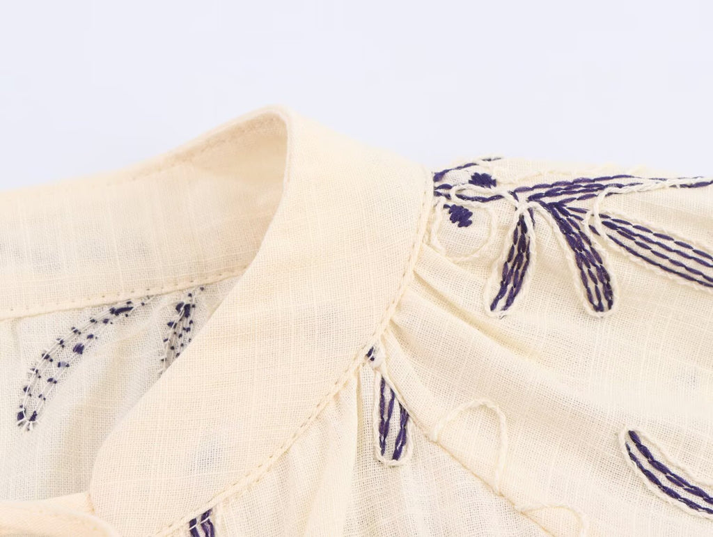 Fall Women Clothing Casual Loose All Match Lace up Embroidered Shirt