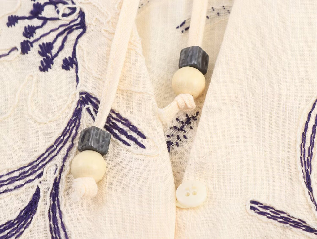 Fall Women Clothing Casual Loose All Match Lace up Embroidered Shirt