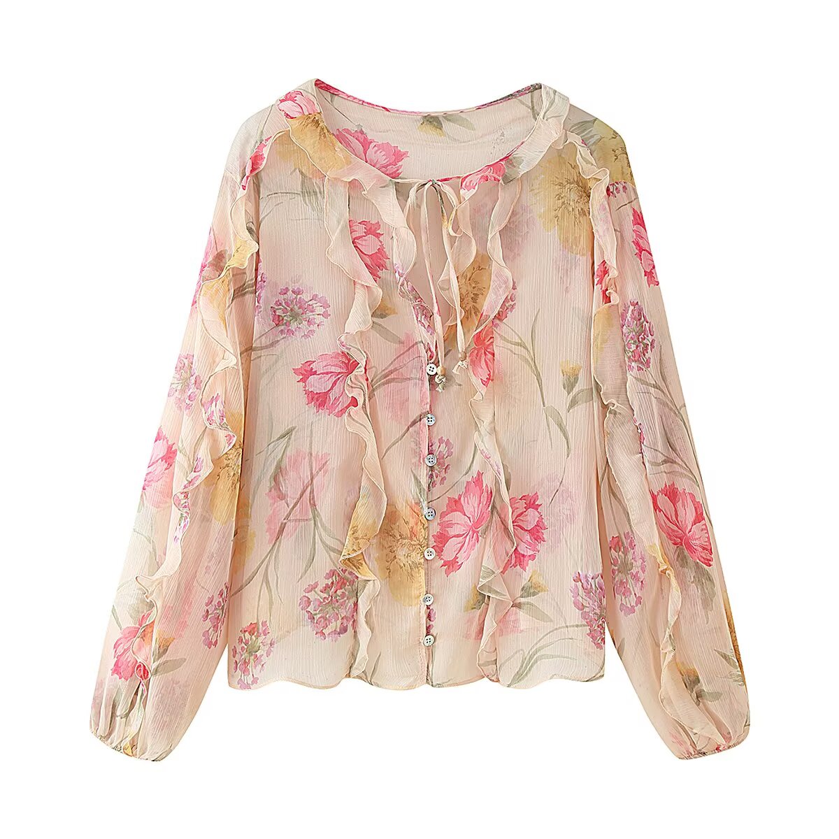 Fall Women Clothing Dignified Floral Printed Translucent Long Sleeved Shirt