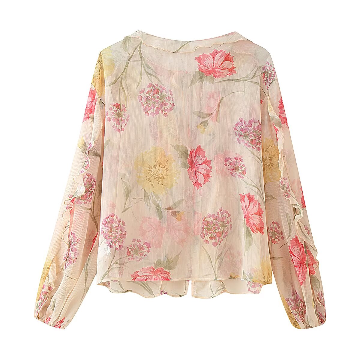 Fall Women Clothing Dignified Floral Printed Translucent Long Sleeved Shirt