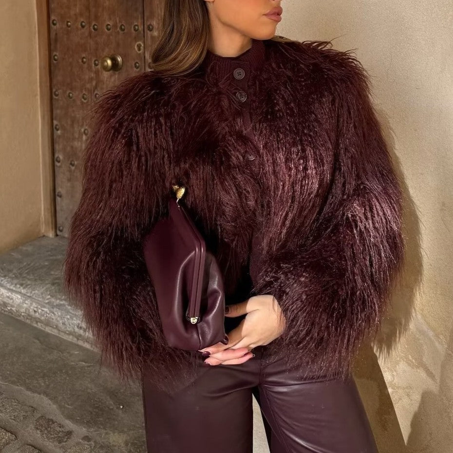 Women Clothing Autumn Retro Artificial Fur Effect Knitted Coat