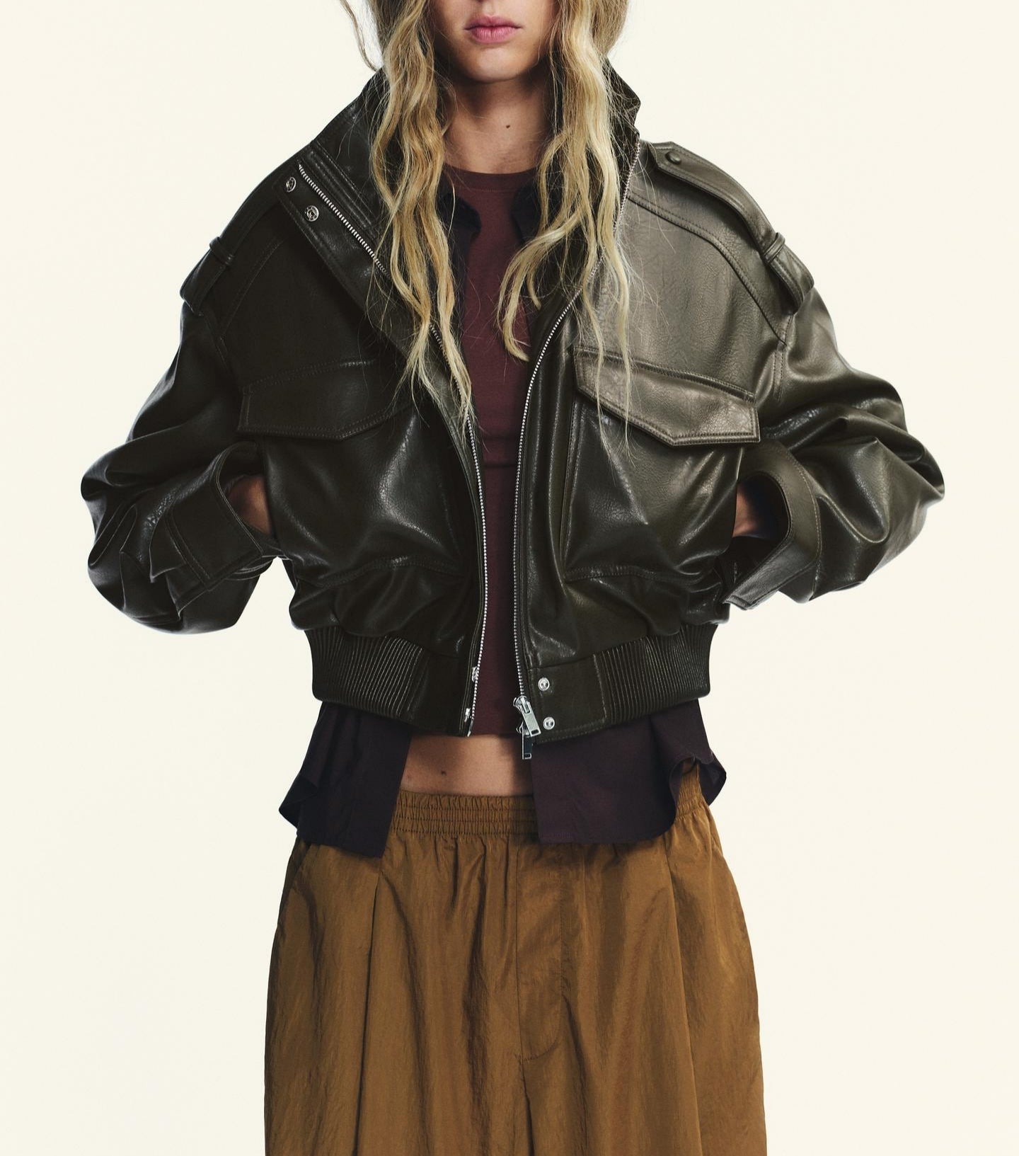 Women Clothing Casual Polo Collar Faux Leather Short Jacket