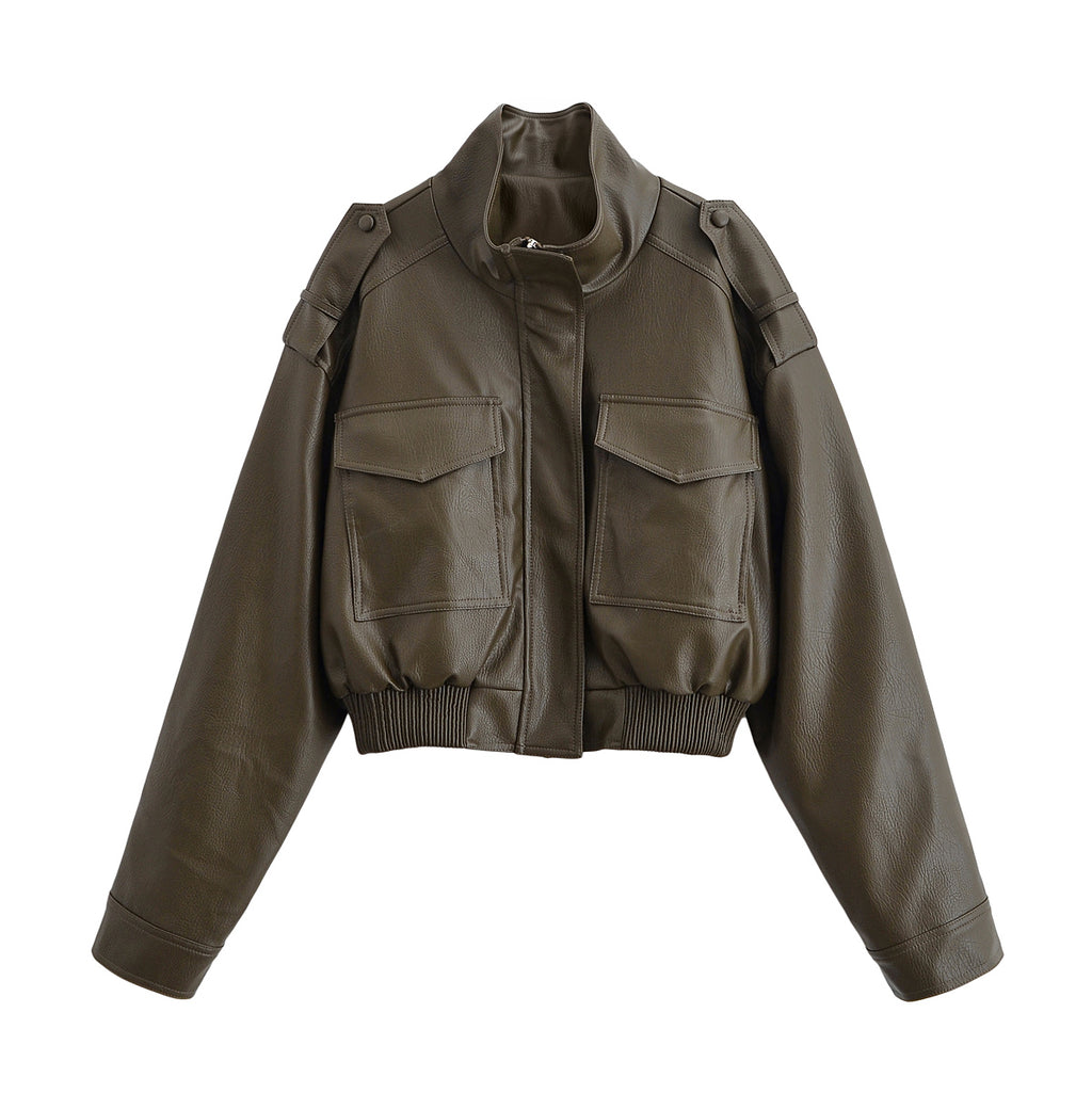 Women Clothing Casual Polo Collar Faux Leather Short Jacket