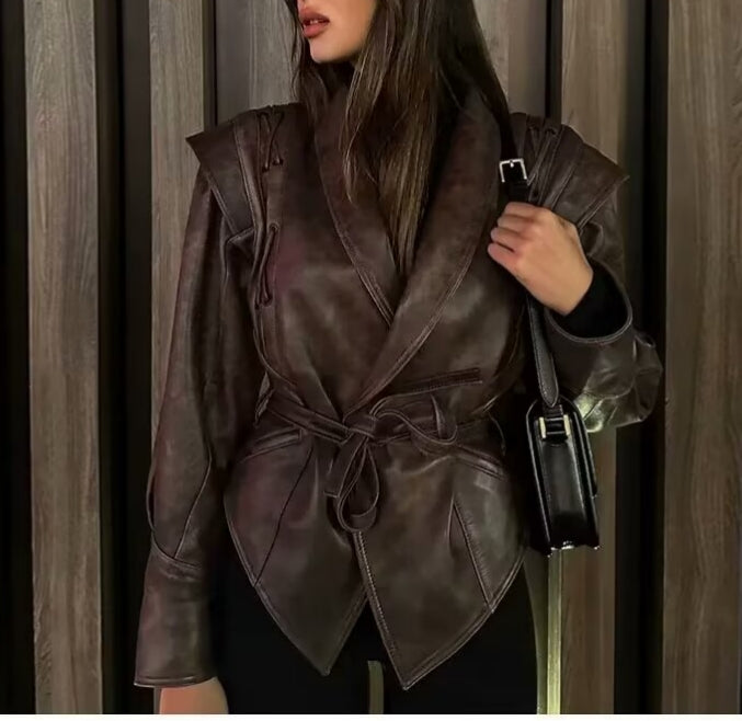 Women Autumn Winter Fashionable Leather Jacket Bomber Jacket Short Coat