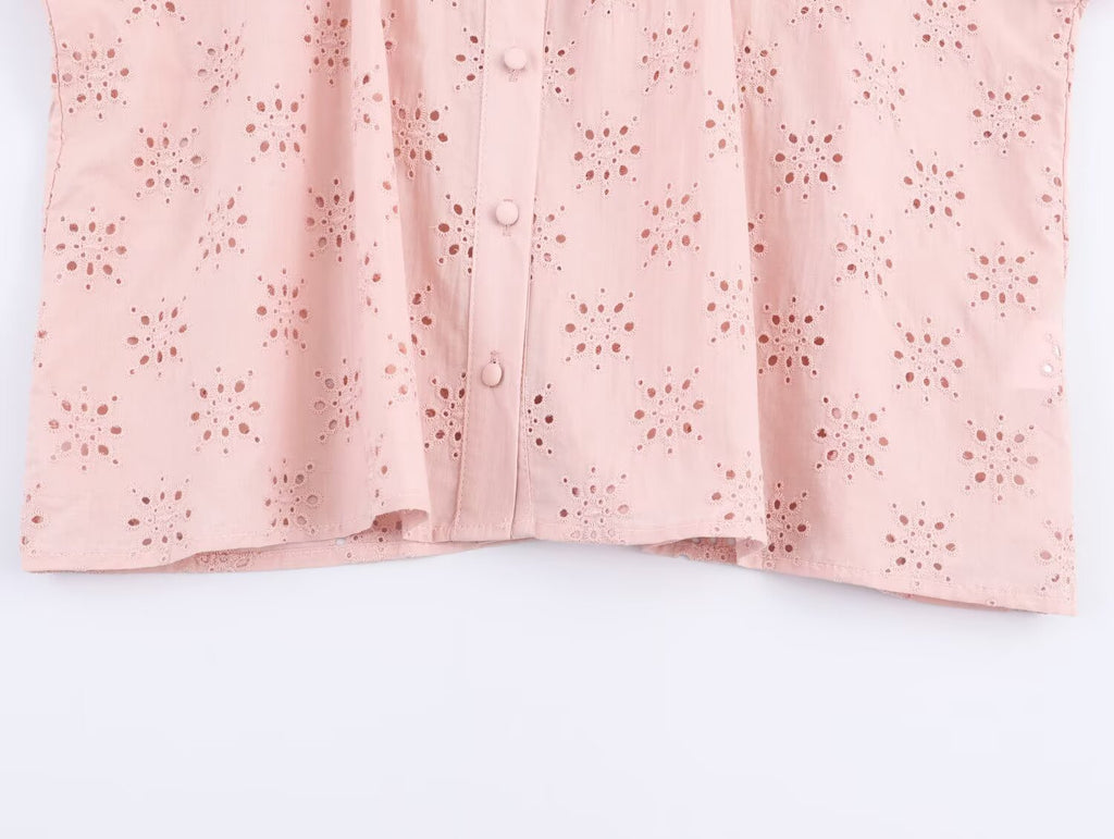 Women Clothing Casual Hollow Out Cutout Embroidered Shirt