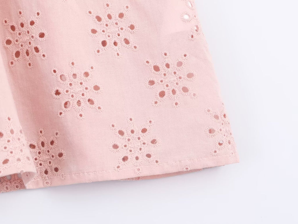 Women Clothing Casual Hollow Out Cutout Embroidered Shirt