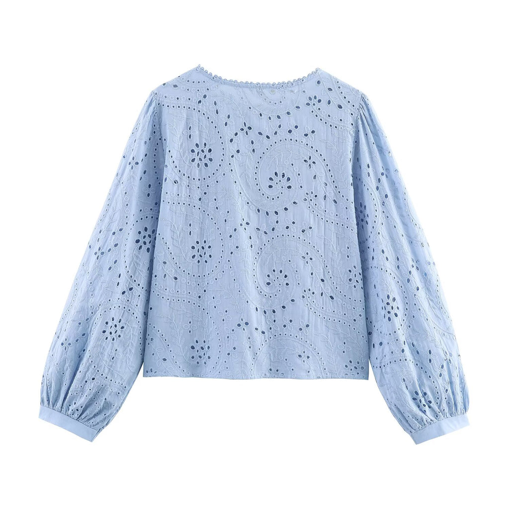 Women Clothing Autumn Hollowed out Embroidered Shirt
